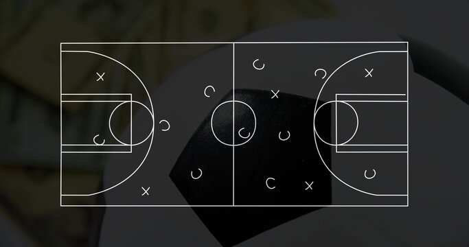 Displaying white full-court schematic over dark pentagon on light-gray disc on beige mat, X O marks