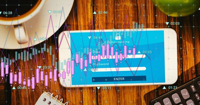 Displaying white smartphone showing banking login on wooden desk, with finance overlay, calculator