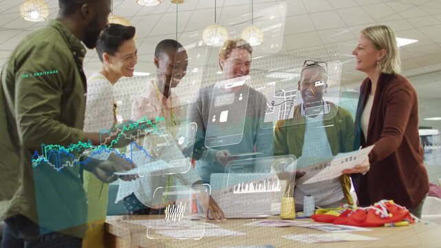 Design team tapping laptop and passing sheets, causing AR phone icons and charts refining prototype