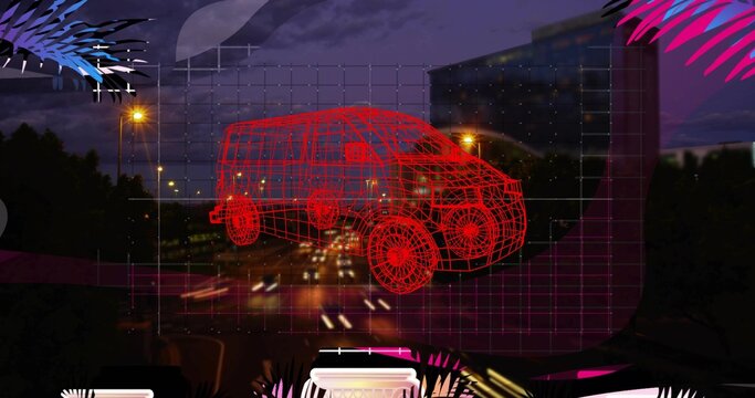 Floating red wireframe van hovering above multilane road at night, showing translucent grid overlay