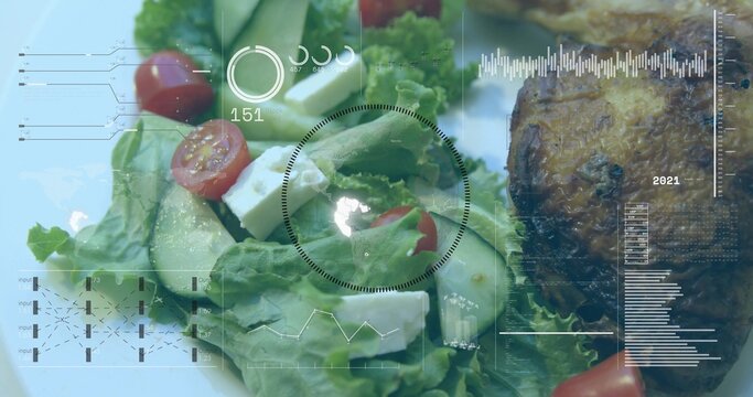 Showing white plate with lettuce, cucumber, cherry tomatoes, feta cubes, seared meat, HUD on table