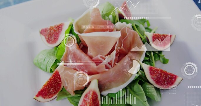 Showing prosciutto rosette resting on greens on white plate on tabletop, with figs and HUD overlays