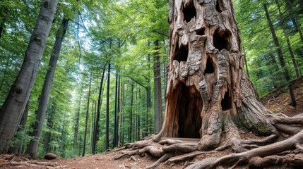 Obraz premium Large Hollow Tree Trunk Carved with Intricate Designs in Lush Green Forest