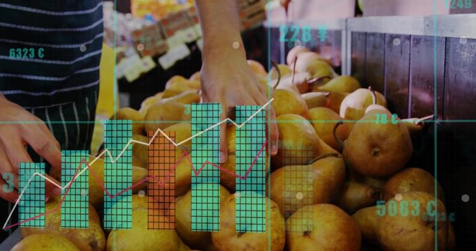 Sorting vendor hands selecting pears at market stall, showing apron, price tags and data overlays
