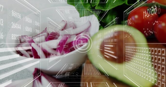 Showing ceramic bowl with sliced red onions on kitchen counter with avocado, tomatoes, greens, HUD