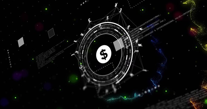 Rotating central circular HUD showing dollar sign in black void, with currency symbols, nodes, code