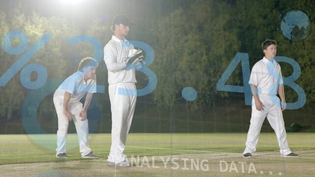 Cricket keeper catching incoming ball, fixing glove, slips crouching, data overlaying, readying
