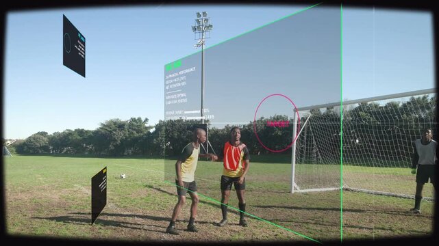 Shooter kicking ball, three players forming wall in soccer drill HUD guiding keeper blocking shot