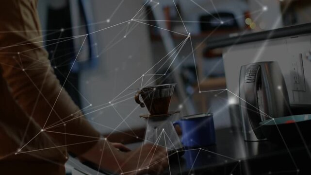 Man brewing coffee, pouring kettle then tapping base, holding dripper beneath network overlay