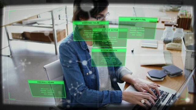 Woman typing on laptop exploit activating green alerts obscuring face and showing security breach