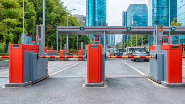 Automated Vehicle Entry System with Complex Barrier in Modern City Setting