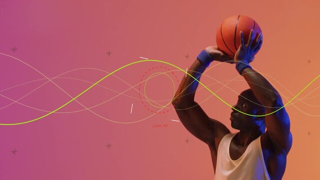 Athlete aligning grip and launching ball, following shot as sine lines, HUD crossing behind ball