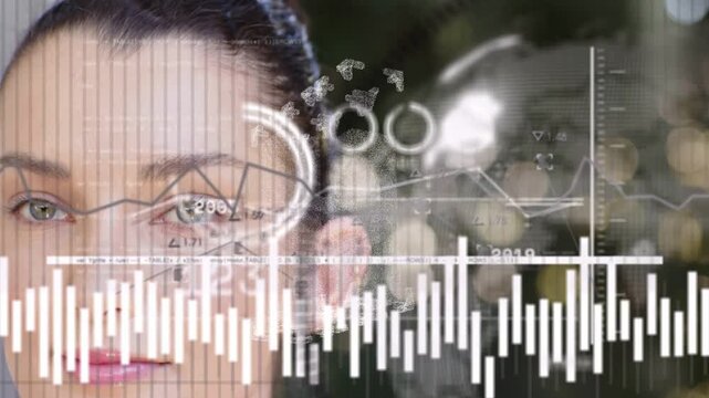 Woman glancing right as timeline advancing, waveform charts animating over face showing tech trends