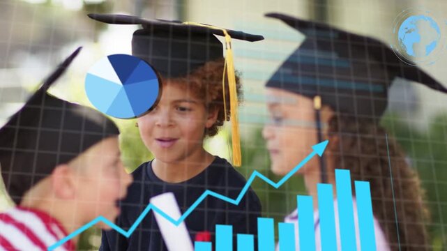 Three education grads smiling holding scrolls while camera revealing faces causing charts growing