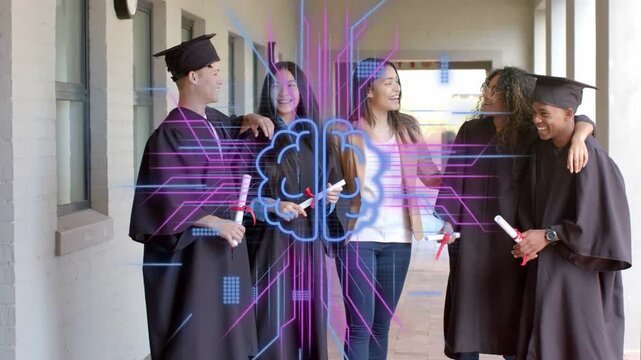Graduates walking, starting brain and circuit code overlays over grad diplomas for milestone