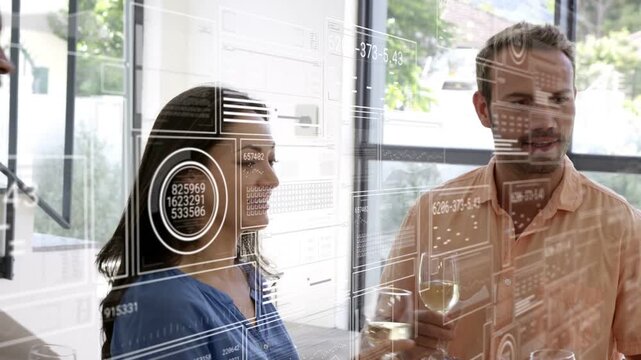 Peach-shirted man leading toast, celebrating clinking wineglasses under HUD sweeping for lifestyle