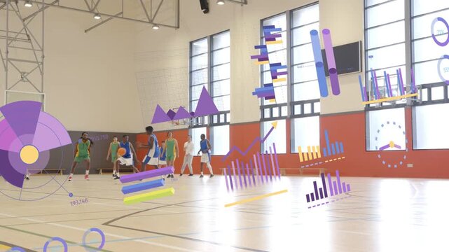 Basketball players regrouping after timeout at gym, animated charts overlaying players