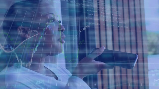 Woman speaking to phone on balcony, checking funds finance charts and HUD rings aligning fading