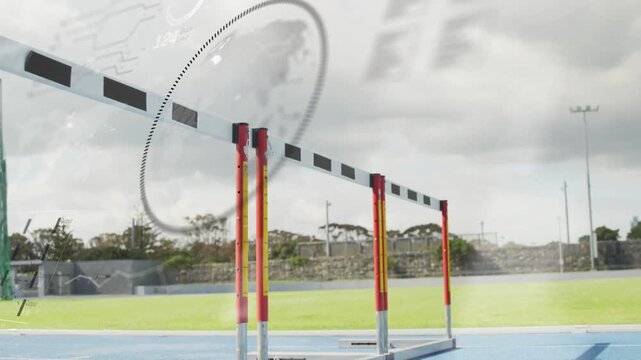 Vertical video: Male hurdler entering, planting and leaping hurdle while HUD rotating for coaches