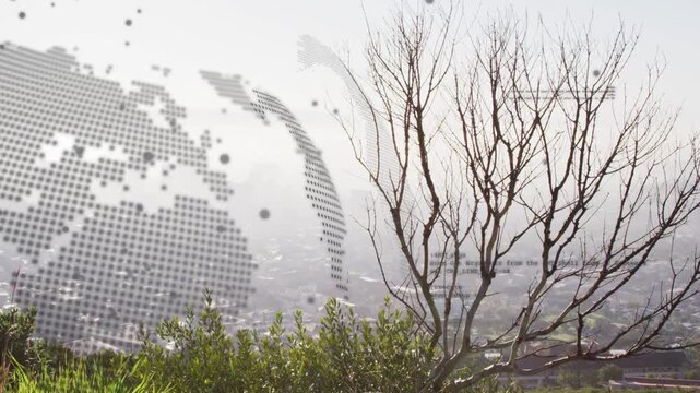 Frame start causing semi-transparent dotted globe rotating, rippling, revealing distant city
