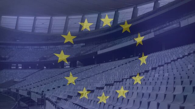 On start twelve gold stars appearing over empty seating, rotating, pulsing, highlighting flag motif