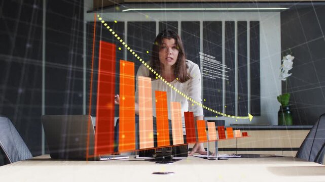 Woman placing hands near laptop, presenting business decline, orange 3D chart aligning over table