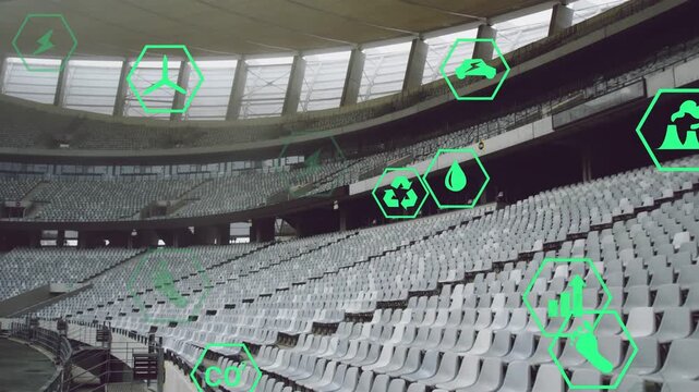On activation neon hex icons appearing and drifting across empty stadium seats showing energy data