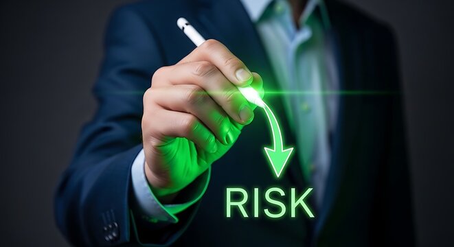 Business professional uses a glowing green pen to indicate decreasing risk with a downward arrow in a moody studio setting. Ideal for financial risk assessment and insurance marketing materials.