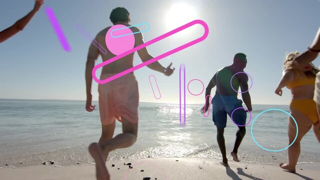 Seven friends running into surf after pink blue graphics floating over people, promoting travel fun