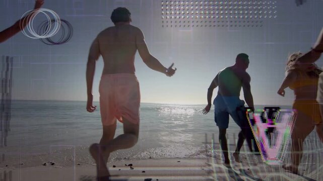 Crew running into surf for fun, lead with board sparking sprint, glitch grid casting shadows, ads