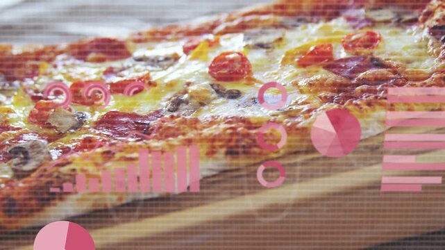 Camera shifting and zooming starting pink charts sliding and fading over pizza for showing toppings