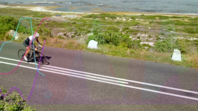 Female cyclist entering frame, pedaling road, telemetry traces rising, showing speed for training