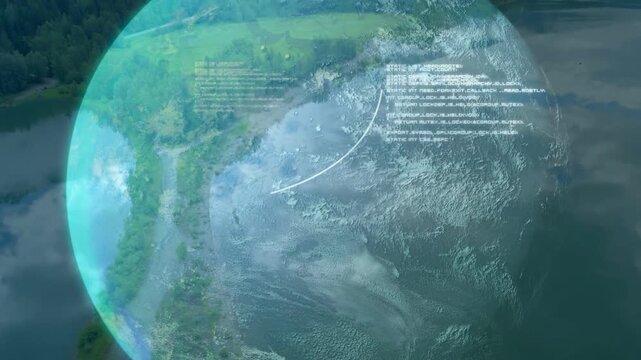 Timeline advancing, holo globe rotating and revealing shore, HUD text fading and sliding for maps