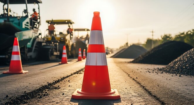 Bright sunlight illuminates construction barrels marking an active road repair site with heavy machinery in the background.