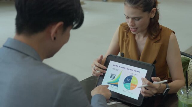 Business marketing strategy ai data analysis tablet meeting model chart guide and presentation for growth review, planning campaign and budget, client consultation, focused collaboration, teamwork