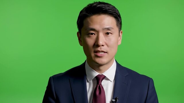 A frustrated Asian businessman in a suit rubbing his eyes on a green chroma key background.