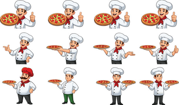 Cartoon Pizza Chef Character Set with Various Poses and Pizza Dishes for Restaurant, Food, and Cooking Illustrations