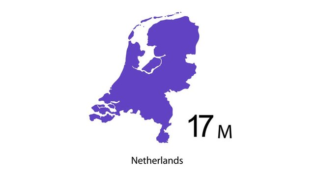 Netherlands geographical map outline animation dynamically presenting its distinctive purple shape alongside '17 M' text, symbolizing population statistics or demographic data motion video.