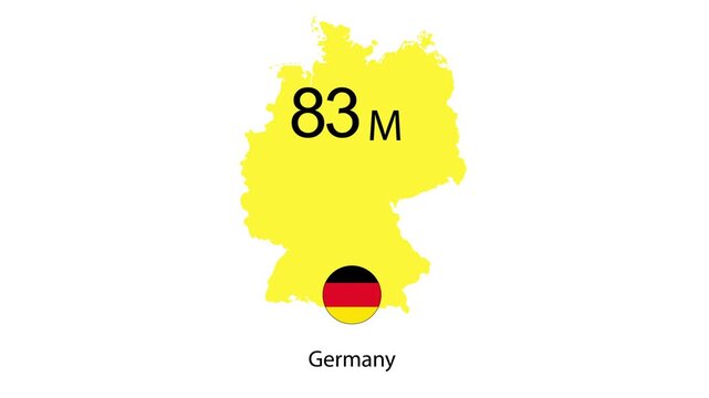 Germany map displaying national population of eighty three million people in a simple digital motion graphic clip for informative international statistical data analysis
