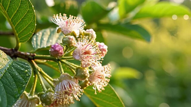 Closeup of delicate pink guava flowers blooming on a branch with green leaves and a soft bokeh background.