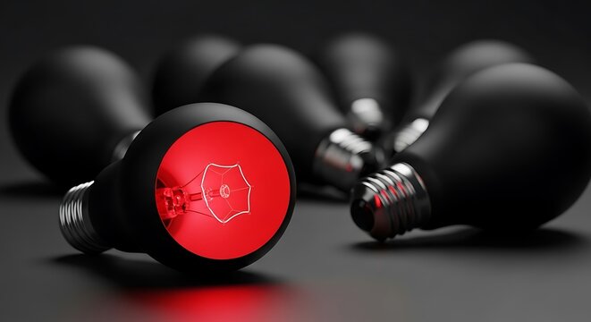 Red glowing light bulb emerges from a group of matte black bulbs in a dramatic macro shot. Sharp focus and beautiful bokeh highlight the unique idea. Ideal for disruptive brand advertising.