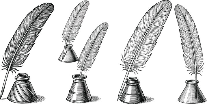 Set of Antique Quill Pen and Ink Well Illustrations in Black and White for Writing, Literature, and Historical Themes