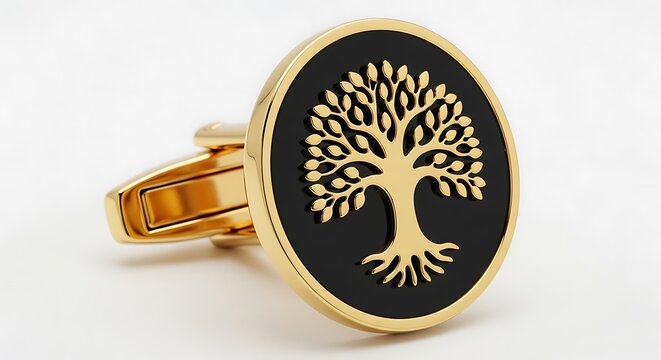 Gold cufflink featuring a decorative tree of life motif on a black circular face. This macro shot highlights the elegant metallic finish. Ideal for professional menswear boutique advertising.