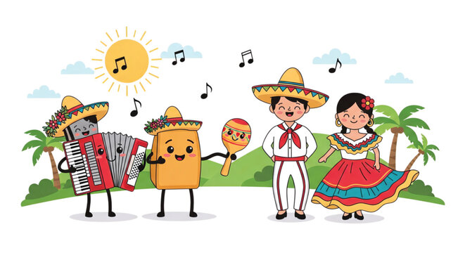 Vibrant cartoon illustration depicting a festive Mexican celebration with traditional music, cheerful characters, and cultural instruments like the accordion and maraca under a sunny sky