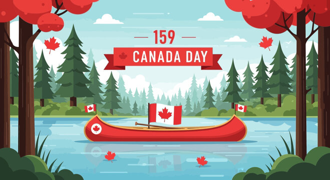 Canada Day Celebration: Red Canoe with Flag on Lake Surrounded by Forest, Festive Nature Scene