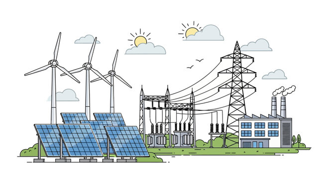 Renewable and conventional energy power plant infrastructure illustration.