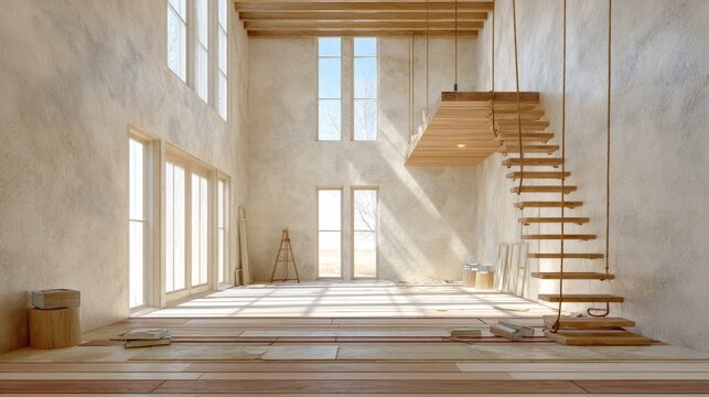 Spacious Narrow Split-Level Living Room with Suspended Wooden Feature
