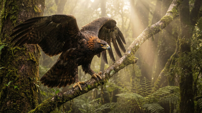 Photorealistic Haast's eagle perched on a mossy branch in a misty New Zealand rainforest for wildlife documentaries educational historical projects and ancient nature concept designs