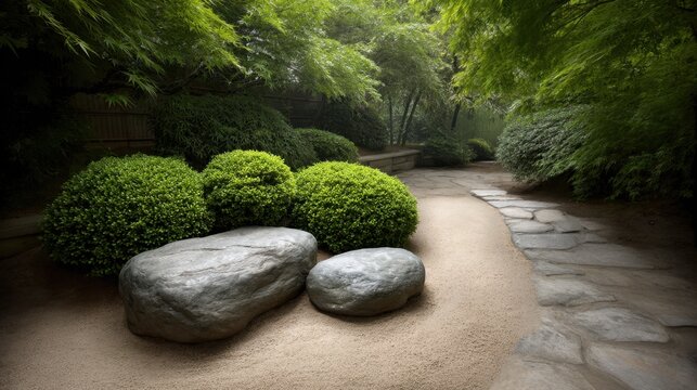 Tranquil Japanese Garden Pathway with Smooth Rocks and Lush Greenery Surrounded by Serenity and Nature's Beauty in a Peaceful Environment