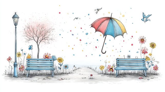 Whimsical Hand-Drawn Scene with Colorful Umbrella and Raining Confetti